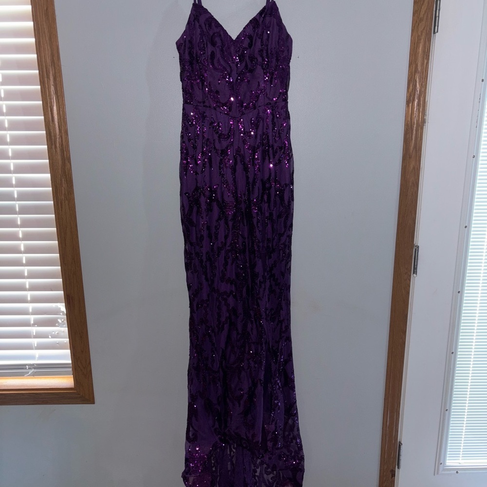 Sequined Purple Maxi Dress with V-Neck Straps